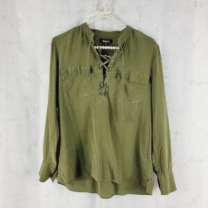 Small Madewell Womens Lace-Up Front Silk Monroe Blouse Green Chest Pockets Sm S